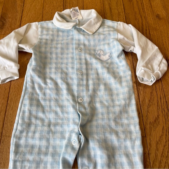 VINTAGE BABY BLISS BLUE GINGHAM EMBROIDERED DUCK GRAPHIC PAJAMAS SIZE 6 MONTHS - Picture 5 of 7